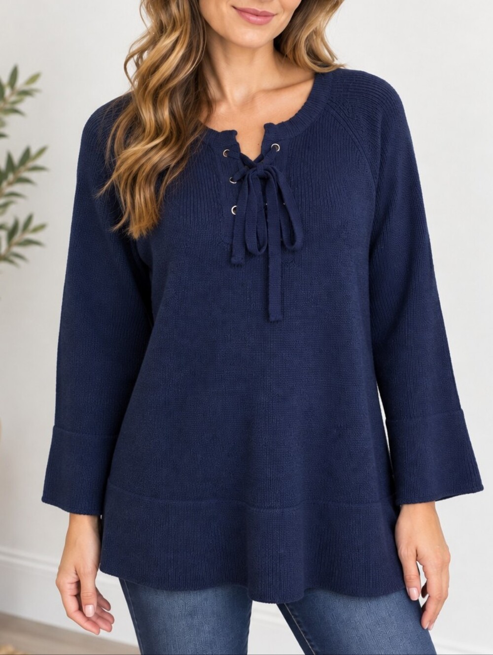LOFT Navy Blue Lace-Up Neck Heavy Knit Tunic-Style Sweater – Medium
